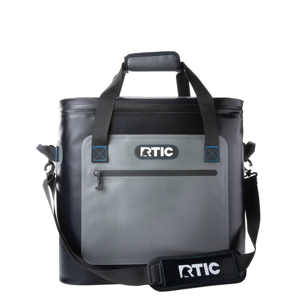 Front customization side of the RTIC Ultra Tough Soft Cooler 50 Can in Blue and Grey 