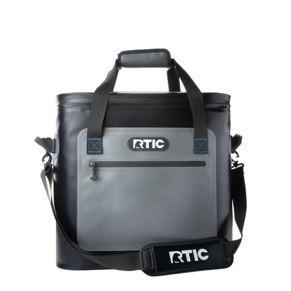 Front customization side of the RTIC Ultra Tough Soft Cooler 50 Can in Blue and Grey 