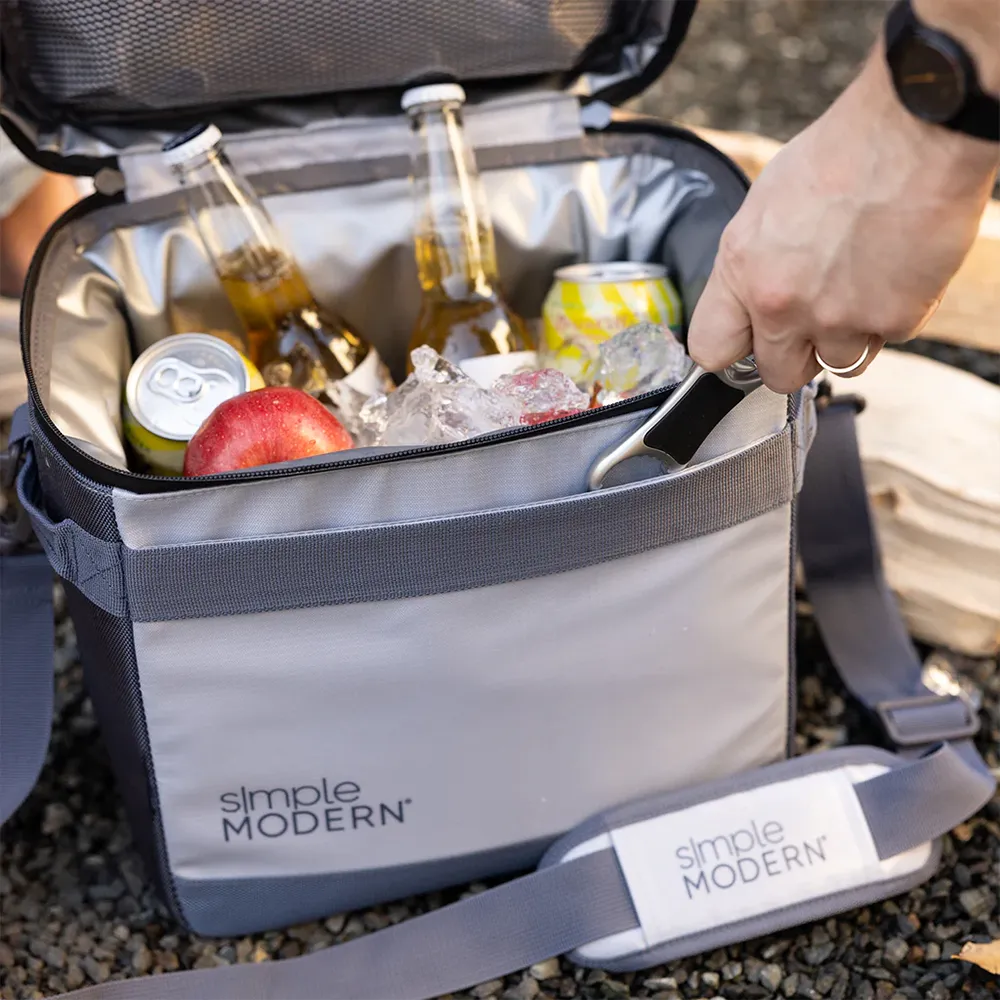 Simple Modern Day Cooler with drinks and ice inside of it.