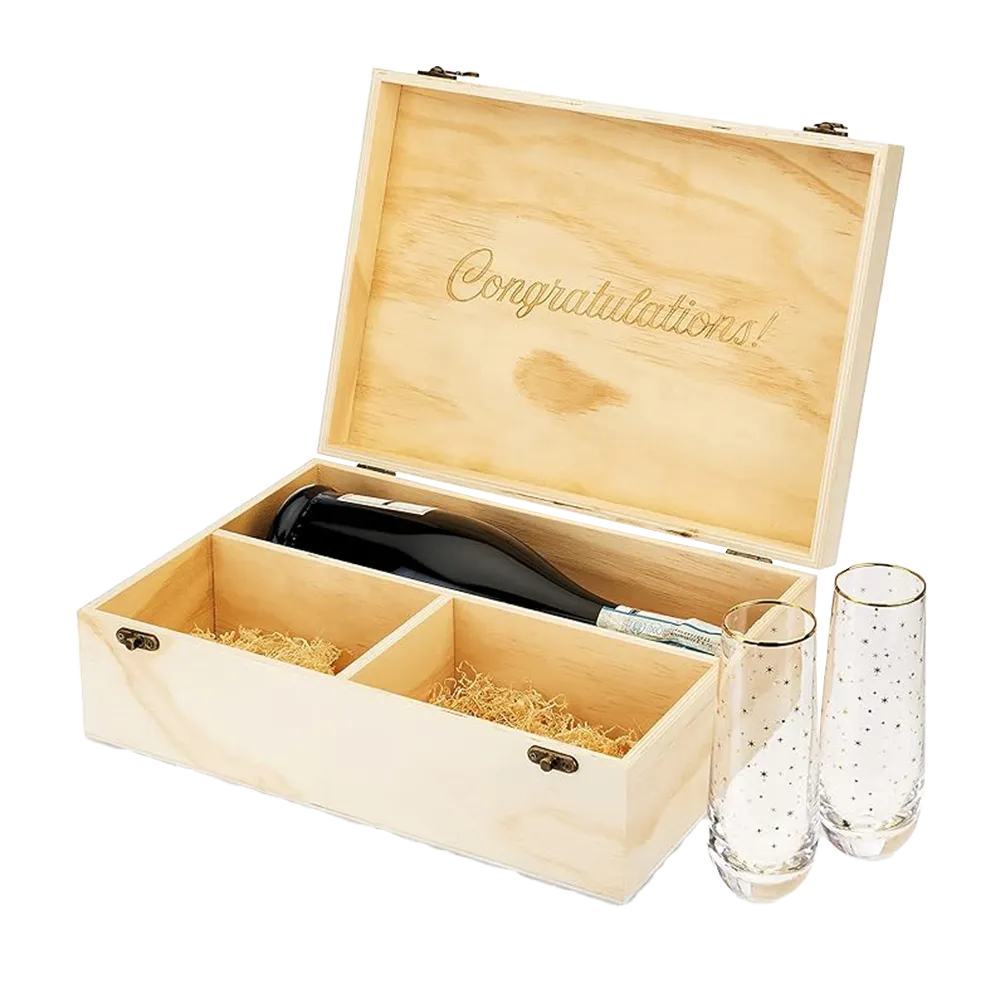 Celebrate Wood Champagne Box with Set of Stemless Flutes