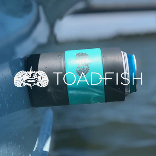 image of a Toadfish non-tipping can holder suctioned to the side of a boat.  Toadfish logo overlaid