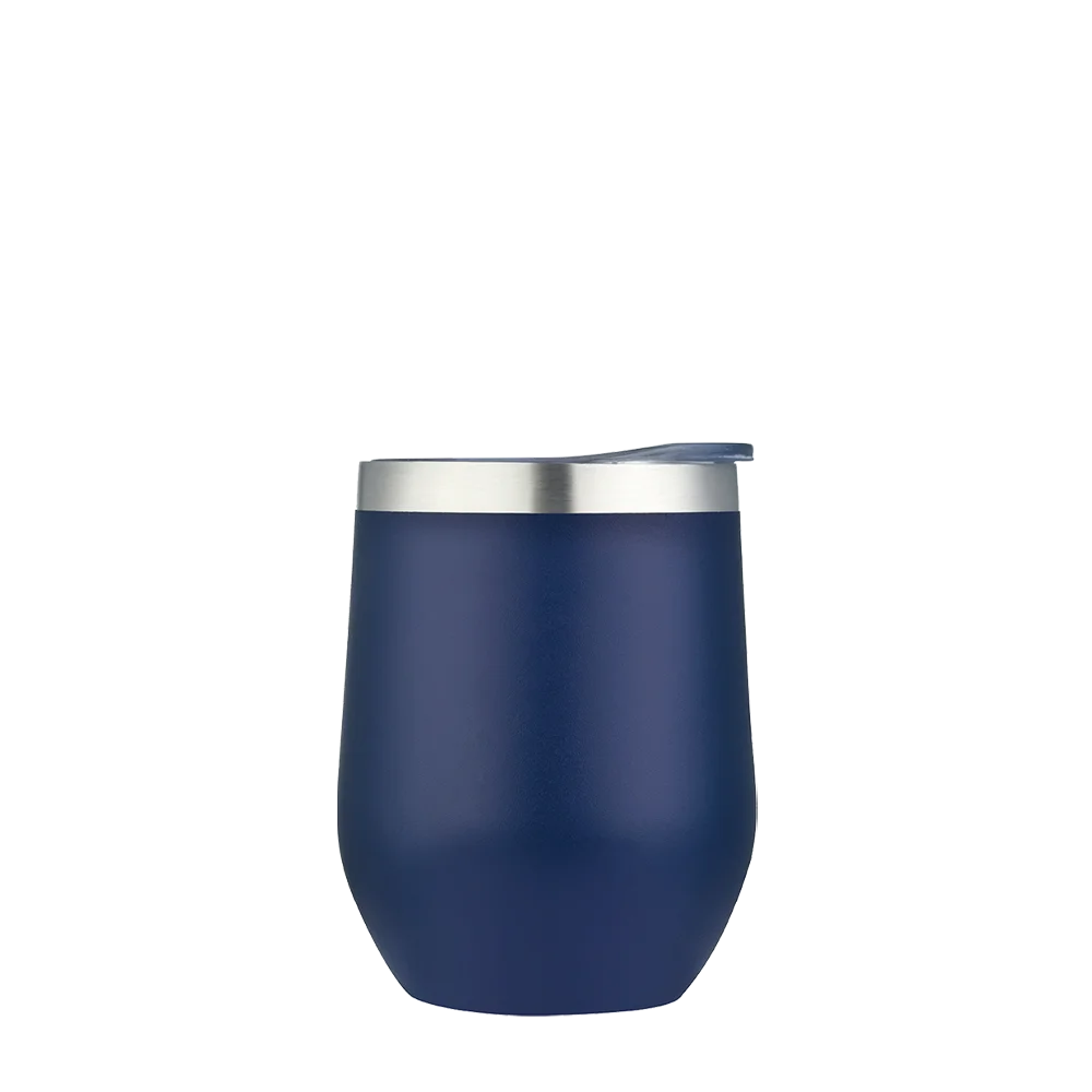 Back customization side of the Custom Branding Stemless Wine Tumbler 12 oz in Frosted Navy 