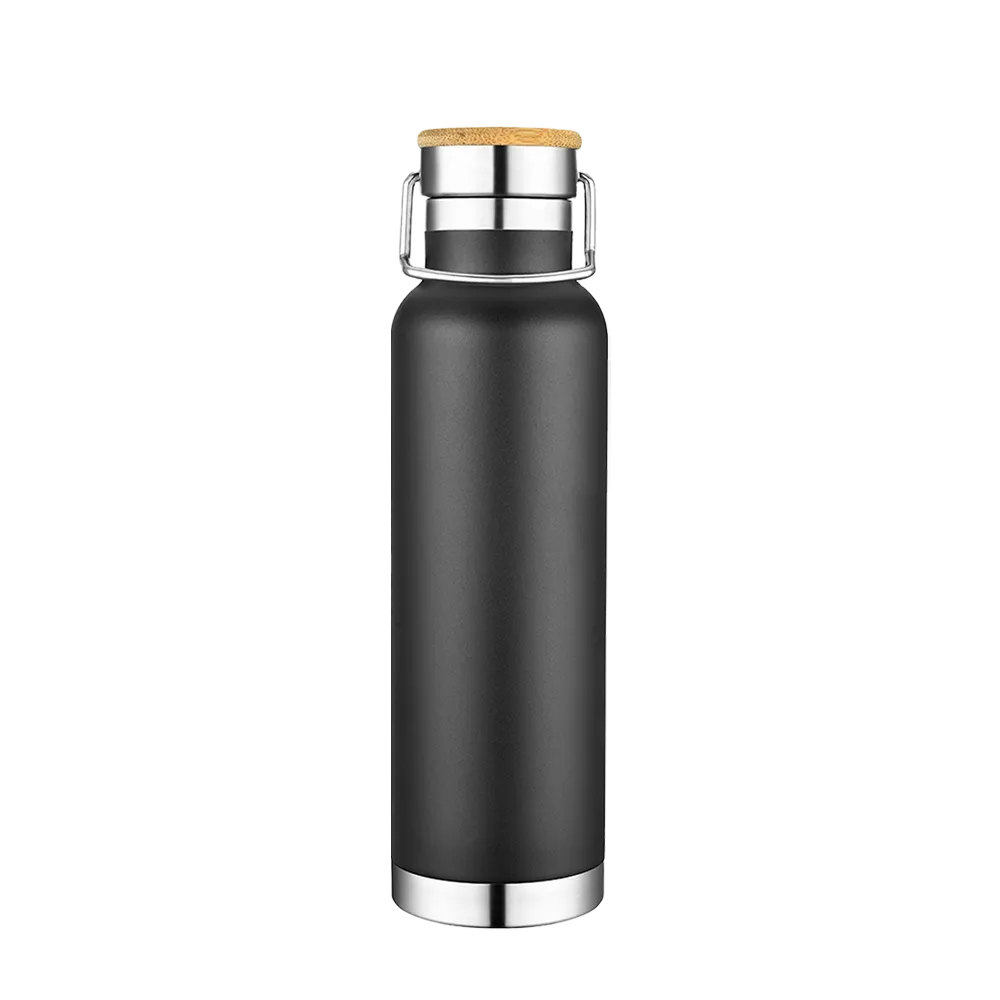 Back customization side of the Custom Branding Vacuum Insulated Bottle with Bamboo Top 22 oz in Frosted Black 