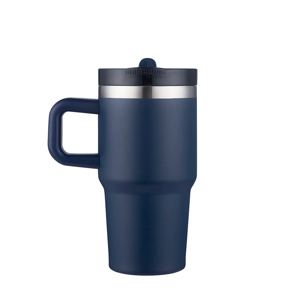 Front customization side of the Custom Branding Handle Mug with Straw Lid 20 oz in Navy 