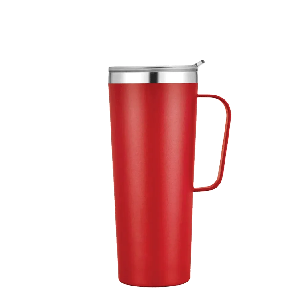 Back customization side of the Custom Branding Tall Tumbler with Handle 28 oz in Frosted Red 