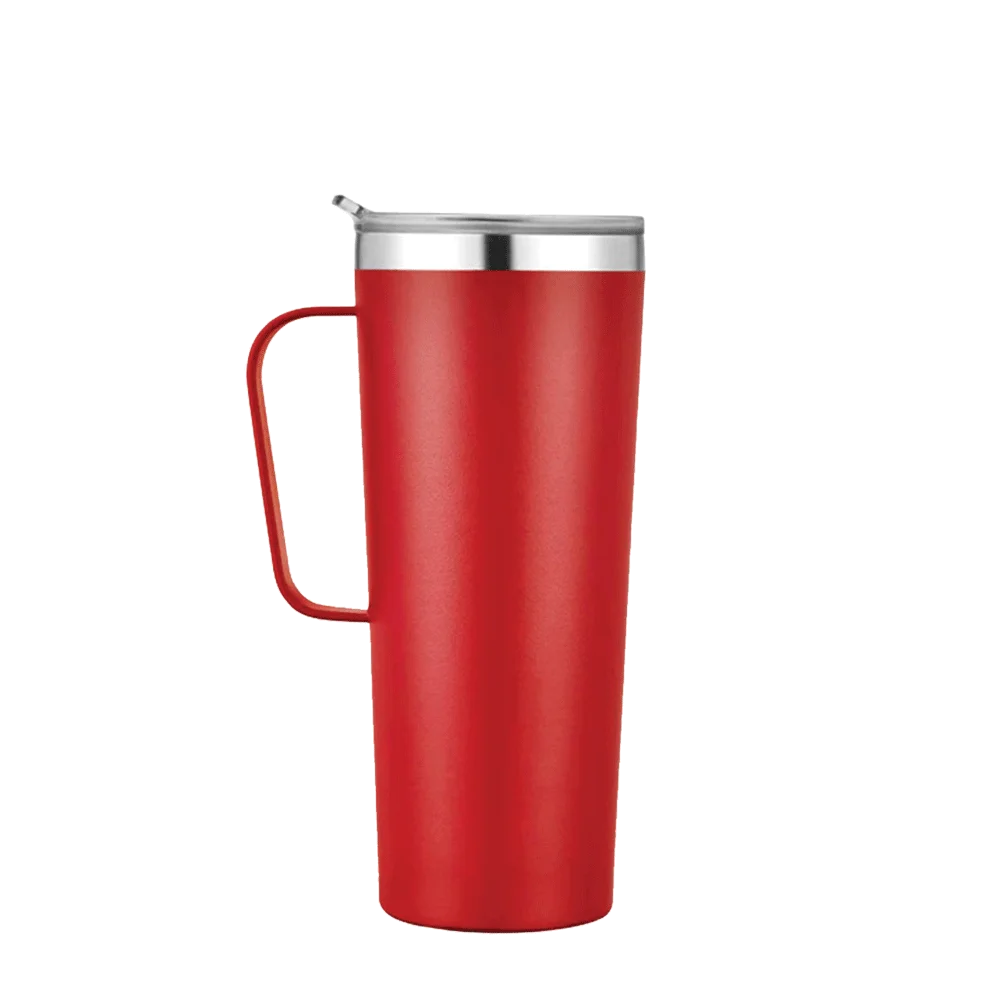Front customization side of the Custom Branding Tall Tumbler with Handle 28 oz in Frosted Red 