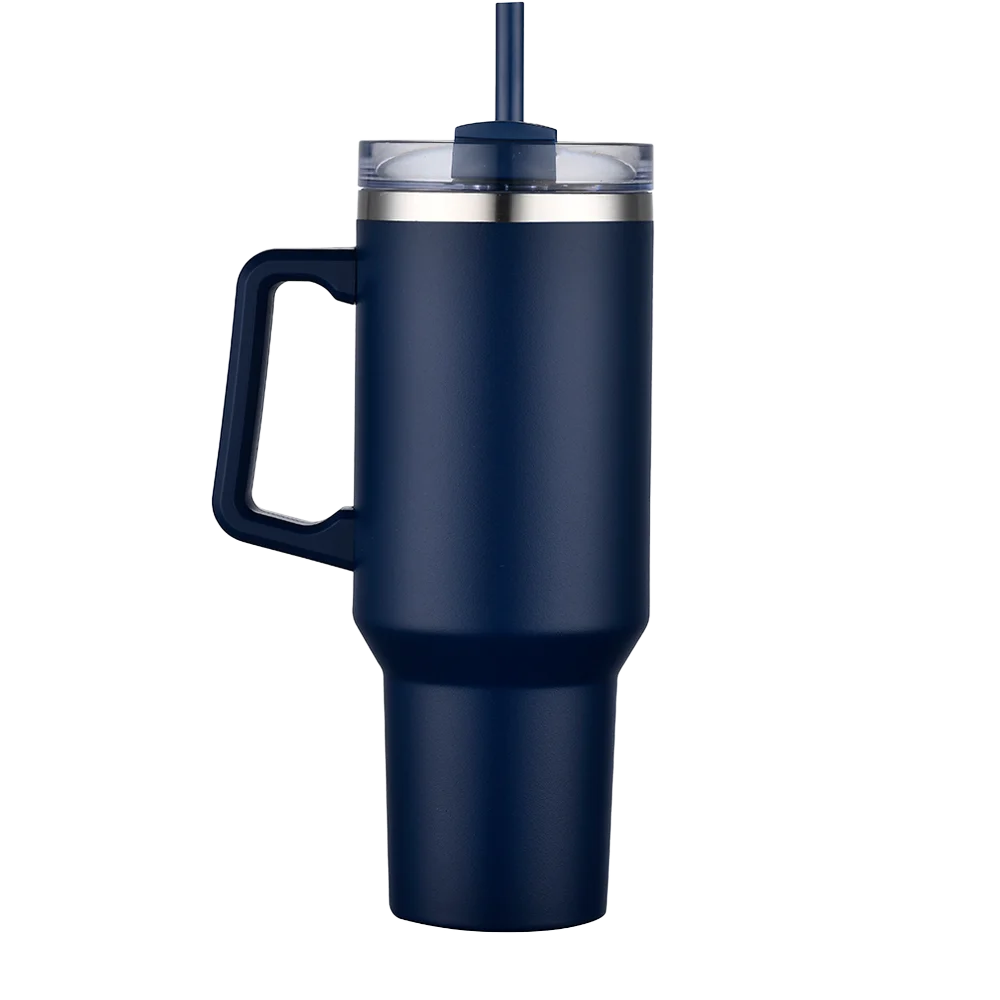 Back customization side of the Custom Branding Handle Tumbler 40 oz in Navy 