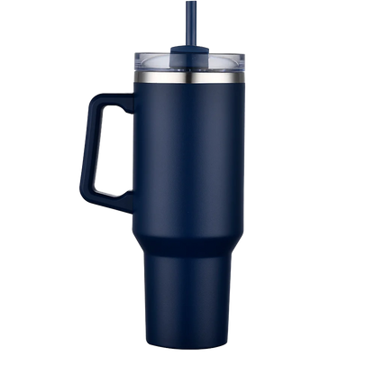 Back customization side of the Custom Branding Handle Tumbler 40 oz in Navy 