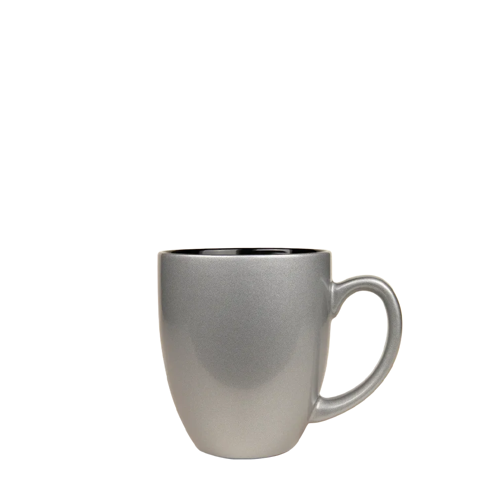 Back customization side of the Custom Branding Ceramic Bistro Mug 16oz in Silver and Black 