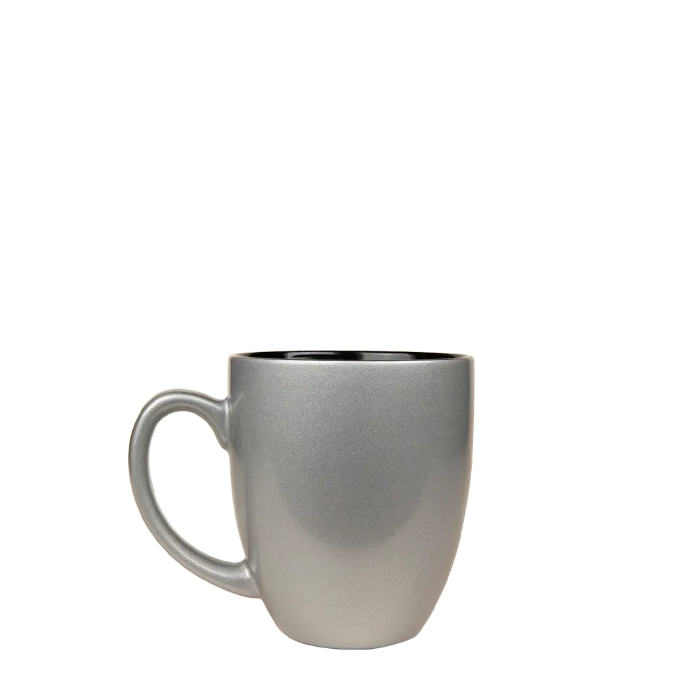 Front customization side of the Custom Branding Ceramic Bistro Mug 16oz in Silver and Black 