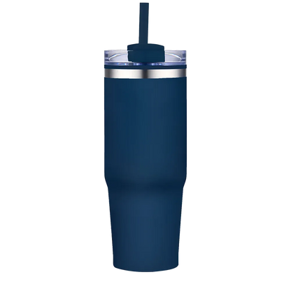 Back customization side of the Custom Branding Straw Tumbler 30 oz in Matte Navy 