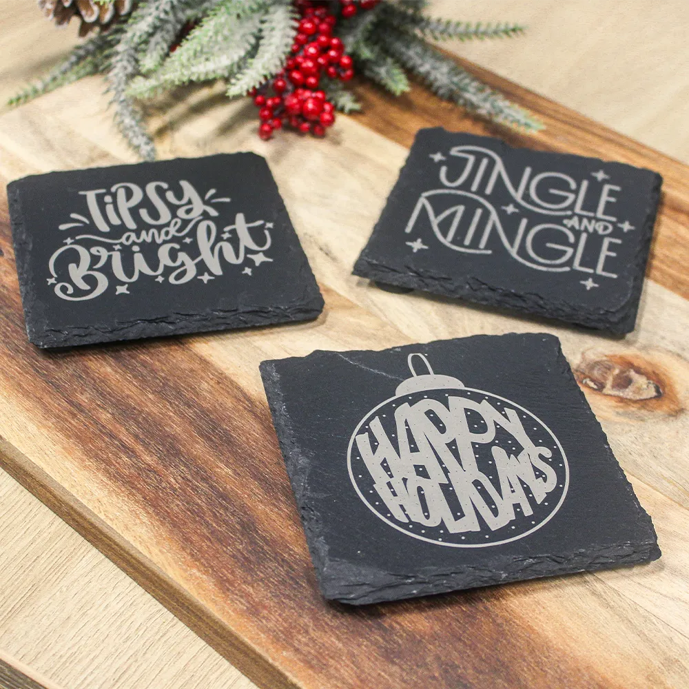 Stone Holiday Coasters on table.