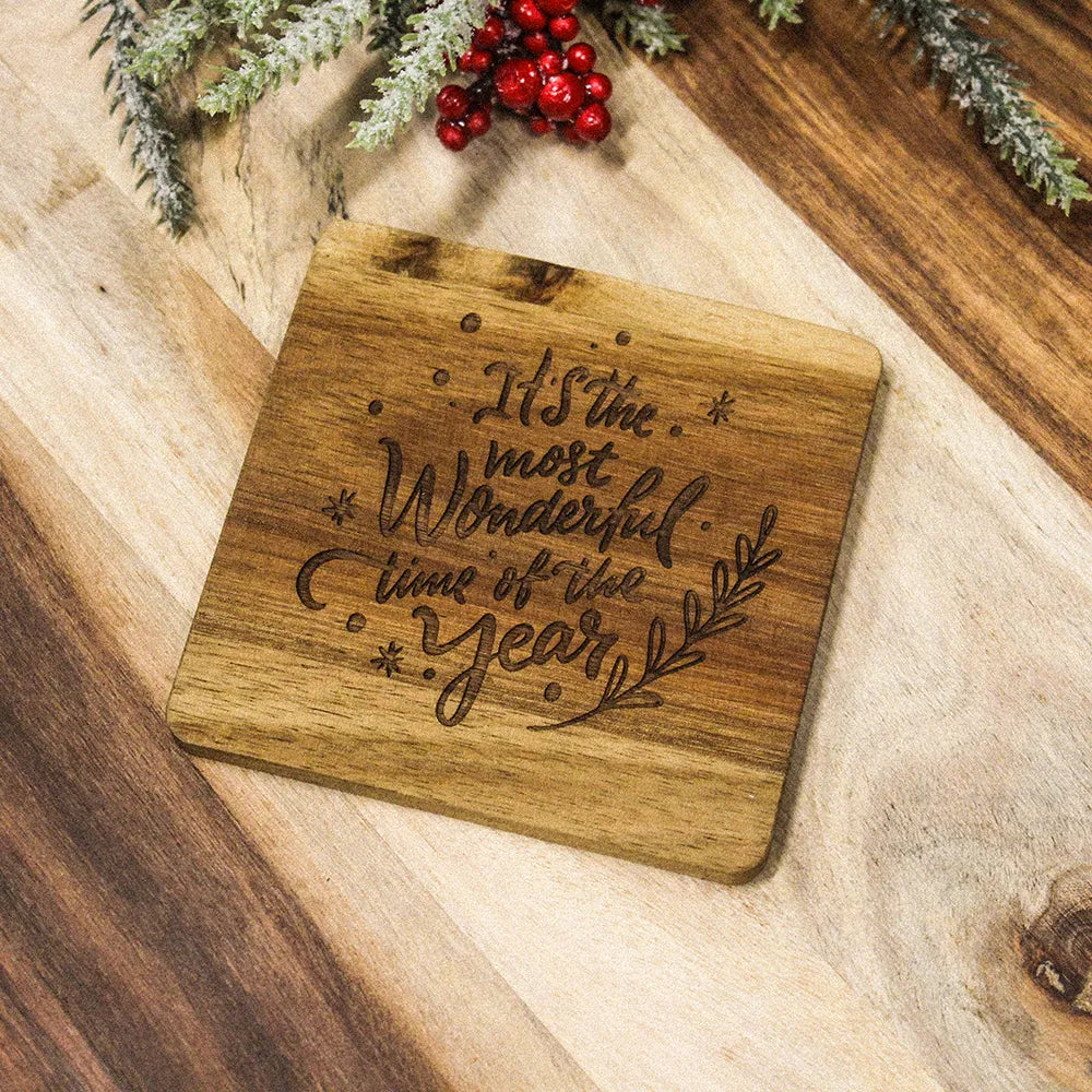 Wooden Holiday Coaster on table.