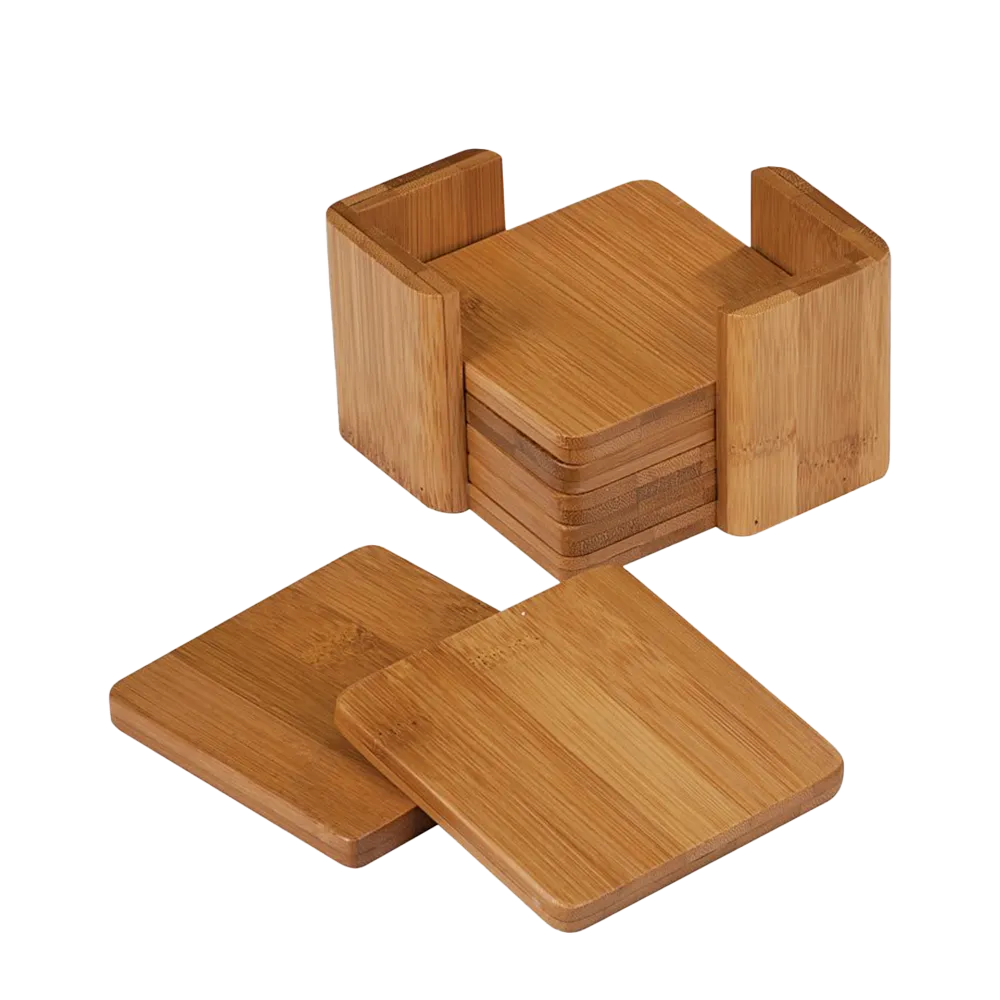 Bamboo Square Coasters with Holder | 6 Coaster Set