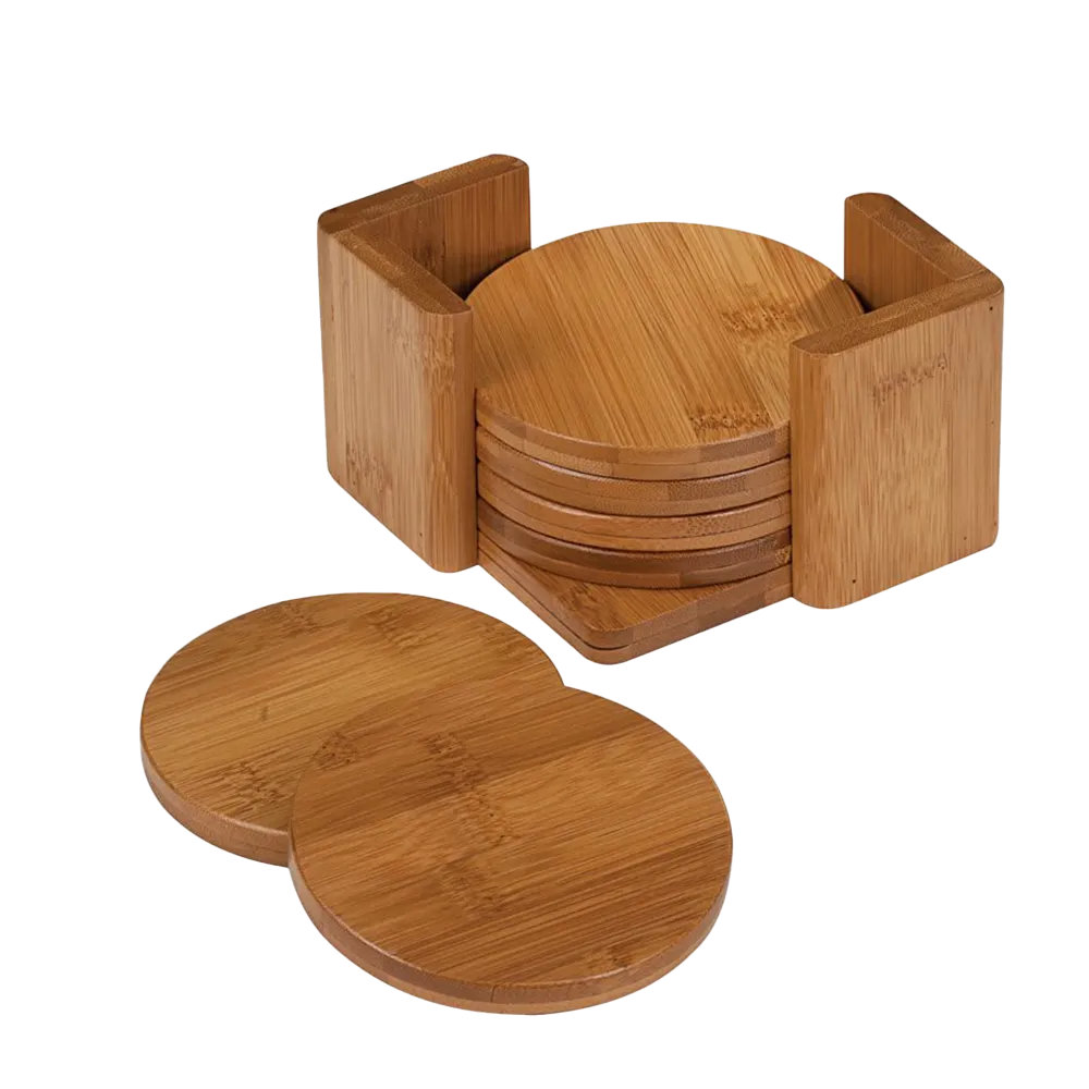 Bamboo Round Coaster Set with Holder | 6 Coaster Set