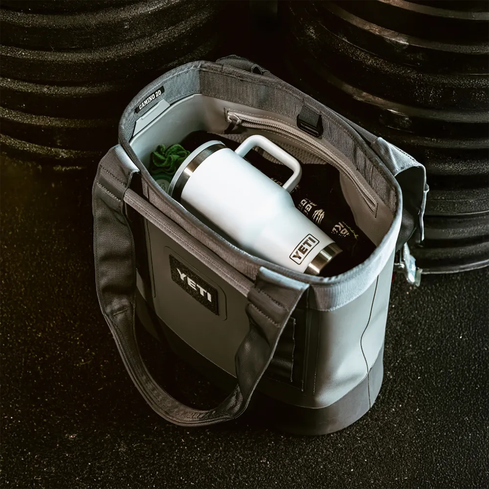 Yeti 30 oz Travel Mug with Color Match Straw Lid in a Yeti Camino tote bag.
