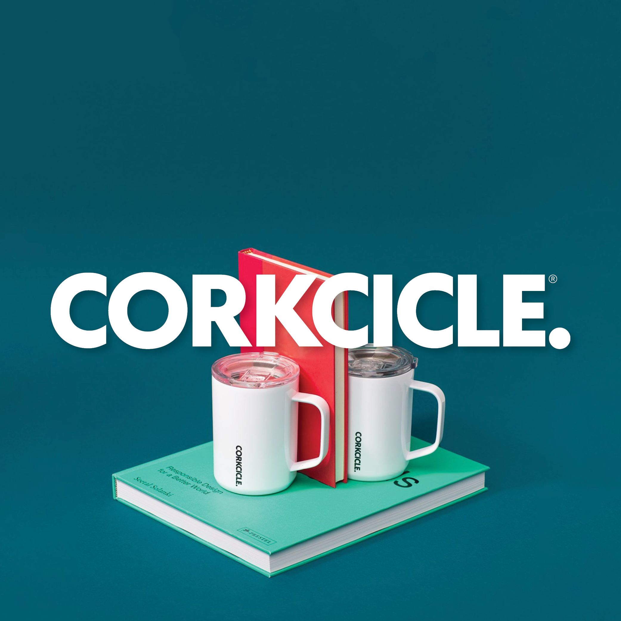 Two white corkcicle mugs with red book in the middle and blue book beneath