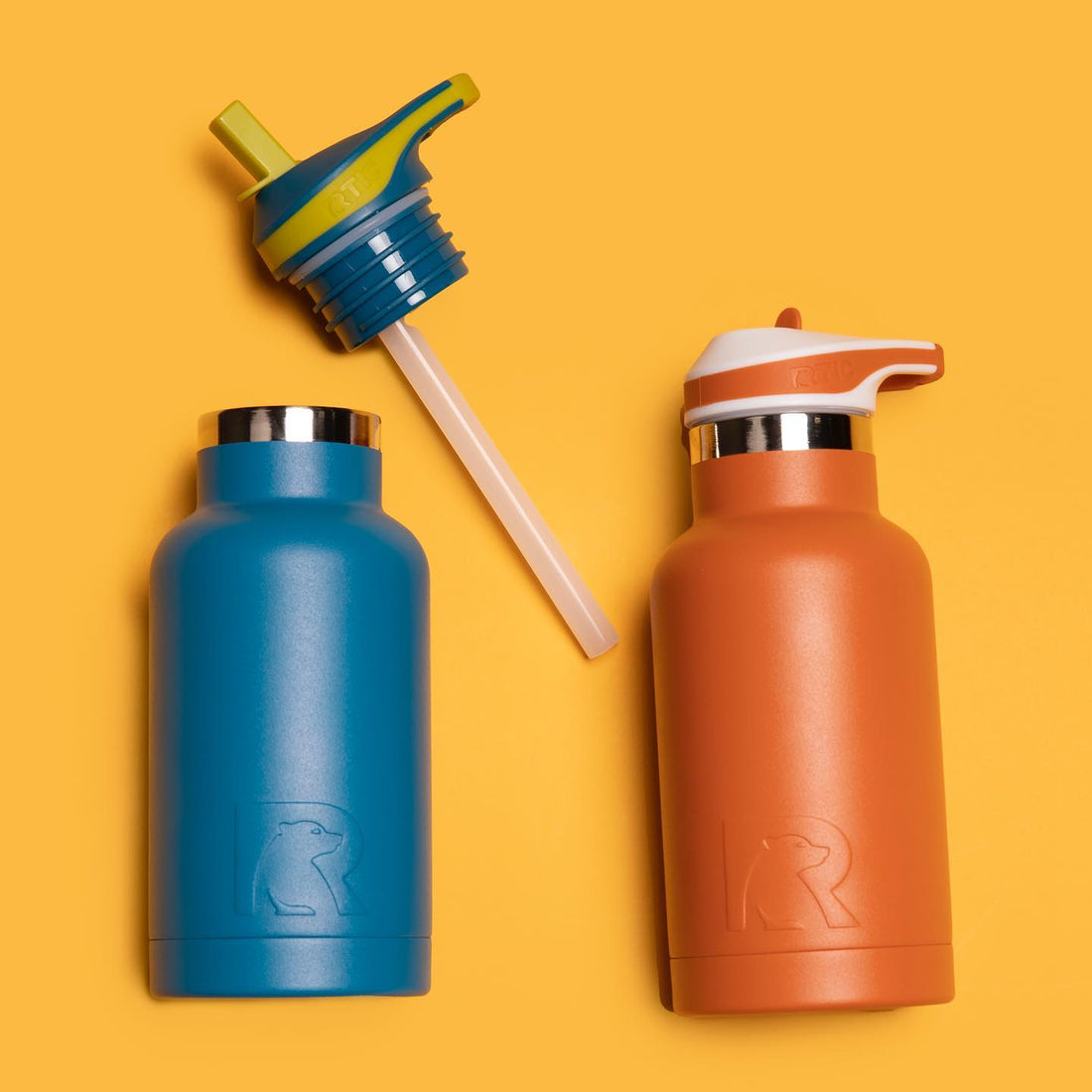 RTIC cub bottles in blue and orange