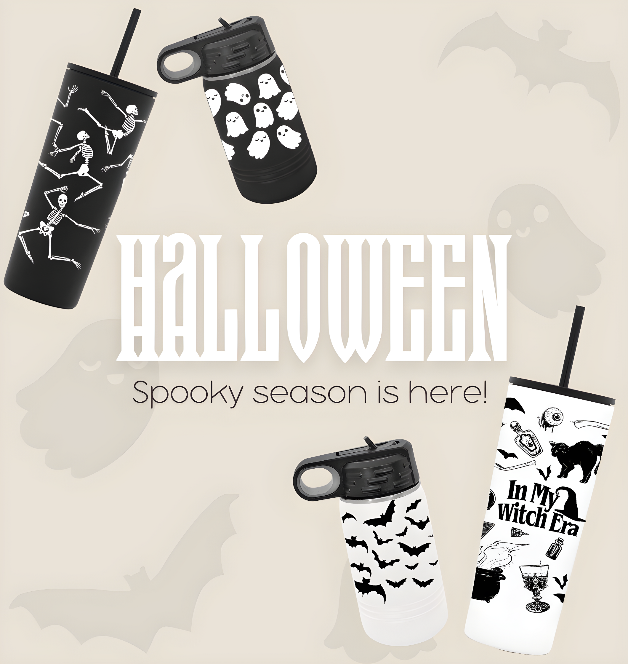 Halloween spooky season is here banner with halloween designs on stainless steel insulated cups and bottles