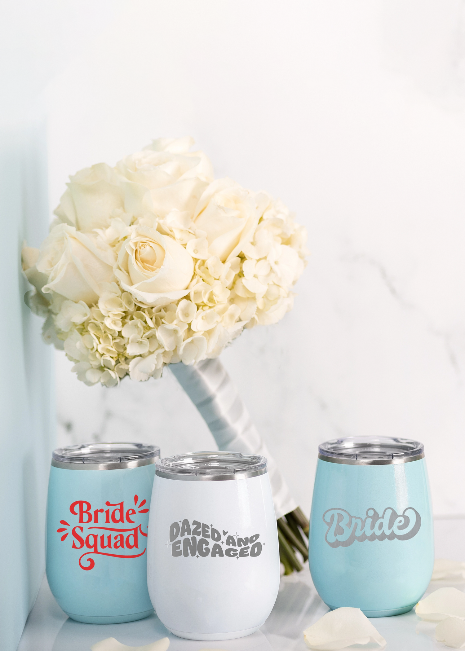 Custom Branding wedding season gifts, buy 4 get 5th free. Wine tumblers with bride designs. 