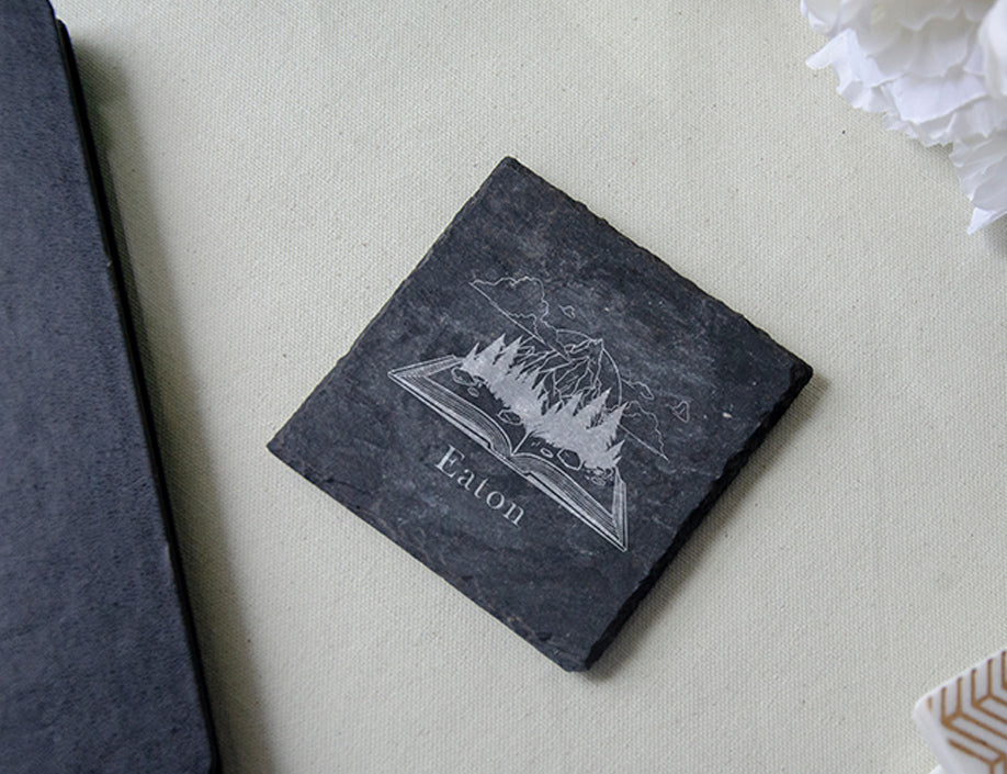 Personalized slate coaster with book design and name
