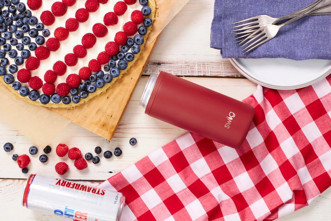 July 4th banner with fruit pie that has American flag design and swig slim can koozie in red