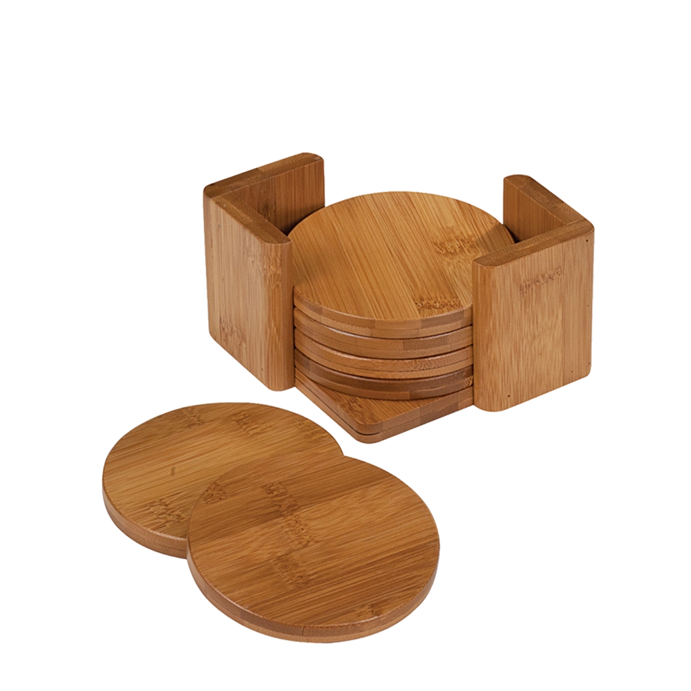 Customized Bamboo Circular 6-Coaster Set with Holder Coaster Sets from Custom Branding