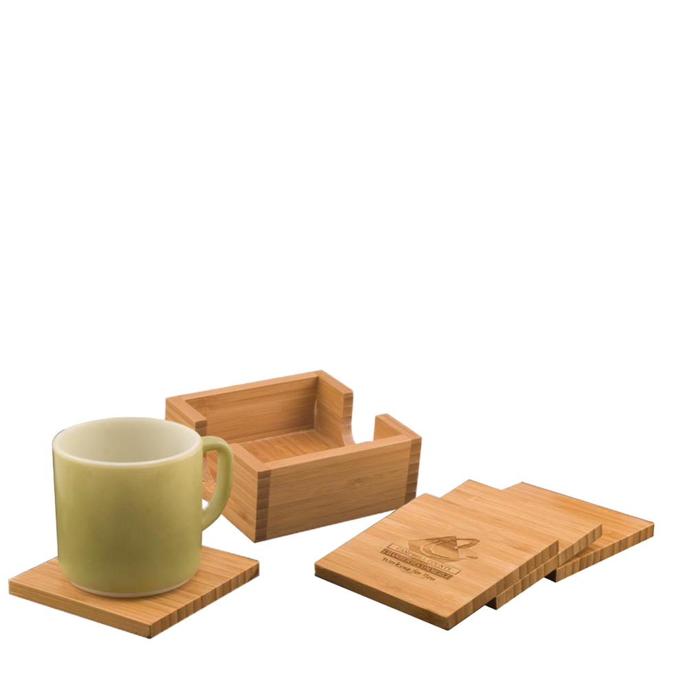 Customized Bamboo Square 4-Coaster Set with Holder Coaster Sets from Custom Branding