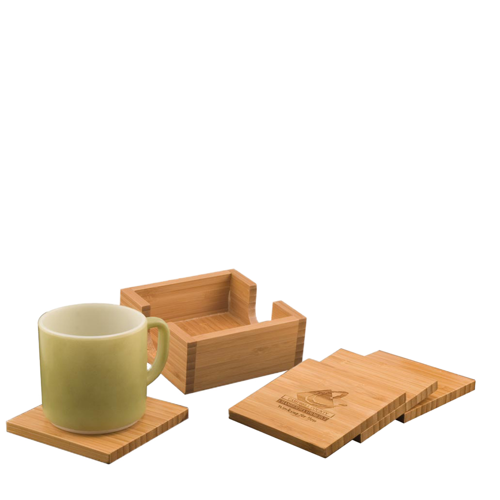 Customized Bamboo Square 4-Coaster Set with Holder Coaster Sets from Custom Branding 